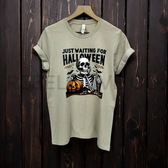 Just Waiting For Halloween Short Sleeve Tee Shirt, Skeleton, Coffee Graphic - Picture 3 of 4